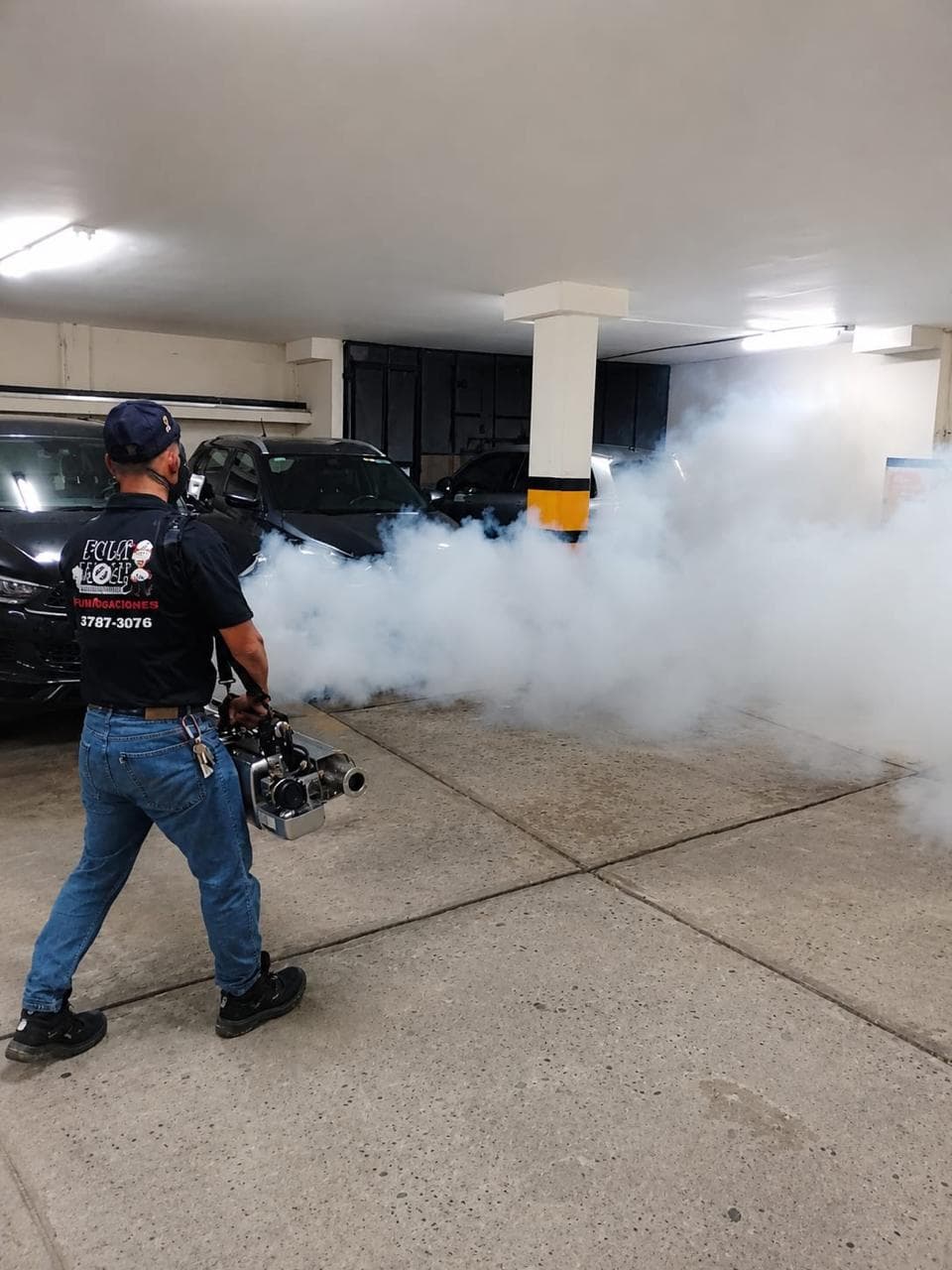 Tratamiento con nebulización profesional en estacionamiento